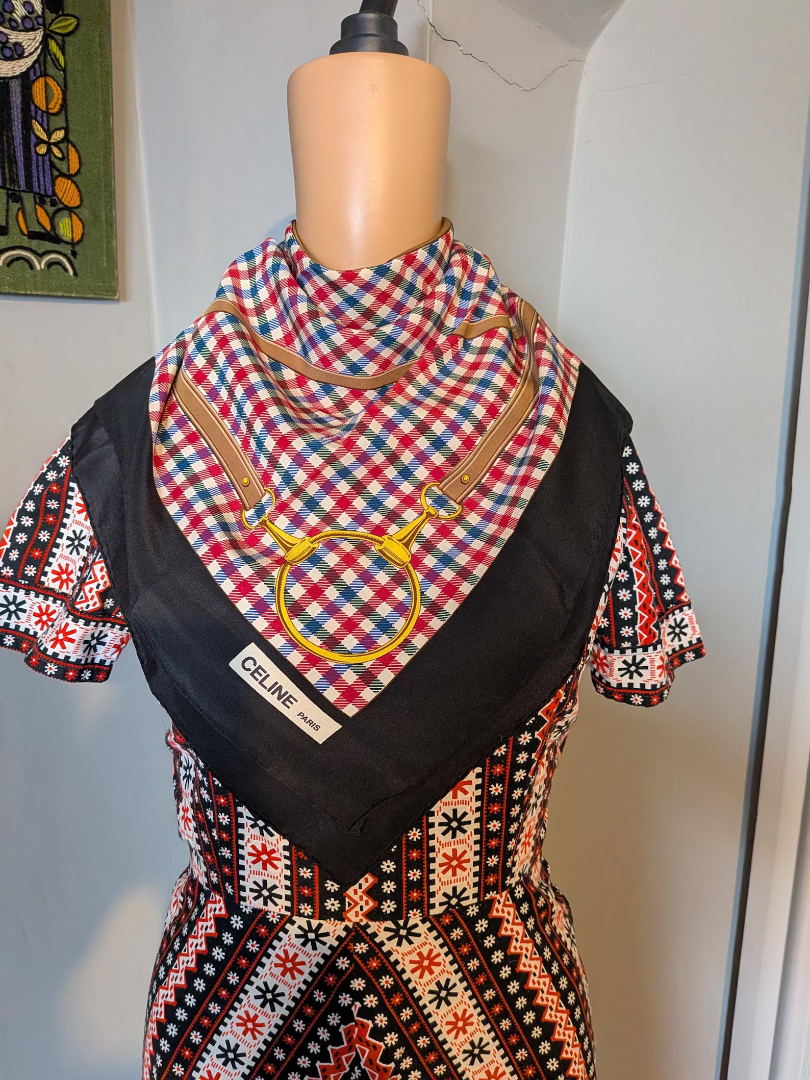 Celine Silk '70s Equestrian Bridle Check Square Scarf-Accessories-Celine-Manhattan Saddlery