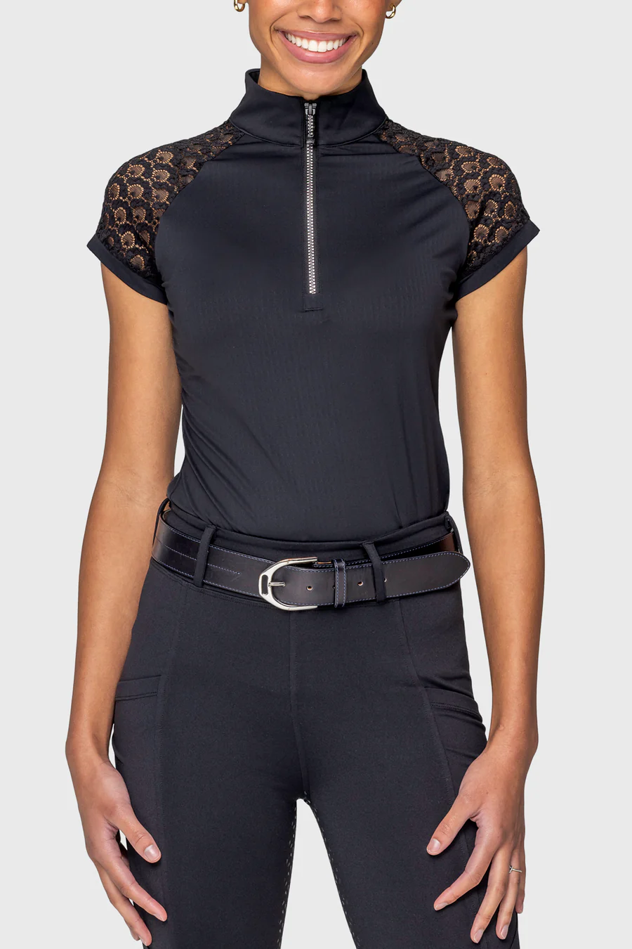 Kastel Scallop Lace Crystal Zip Cap Sleeve 1/4 Zip Sun Shirt-Sportswear - Ladies - Tops-Kastel-Black-XXS-Manhattan Saddlery