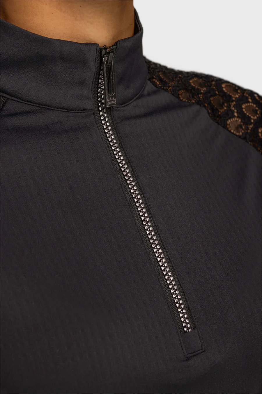 Kastel Scallop Lace Crystal Zip Cap Sleeve 1/4 Zip Sun Shirt-Sportswear - Ladies - Tops-Kastel-Black-XXS-Manhattan Saddlery